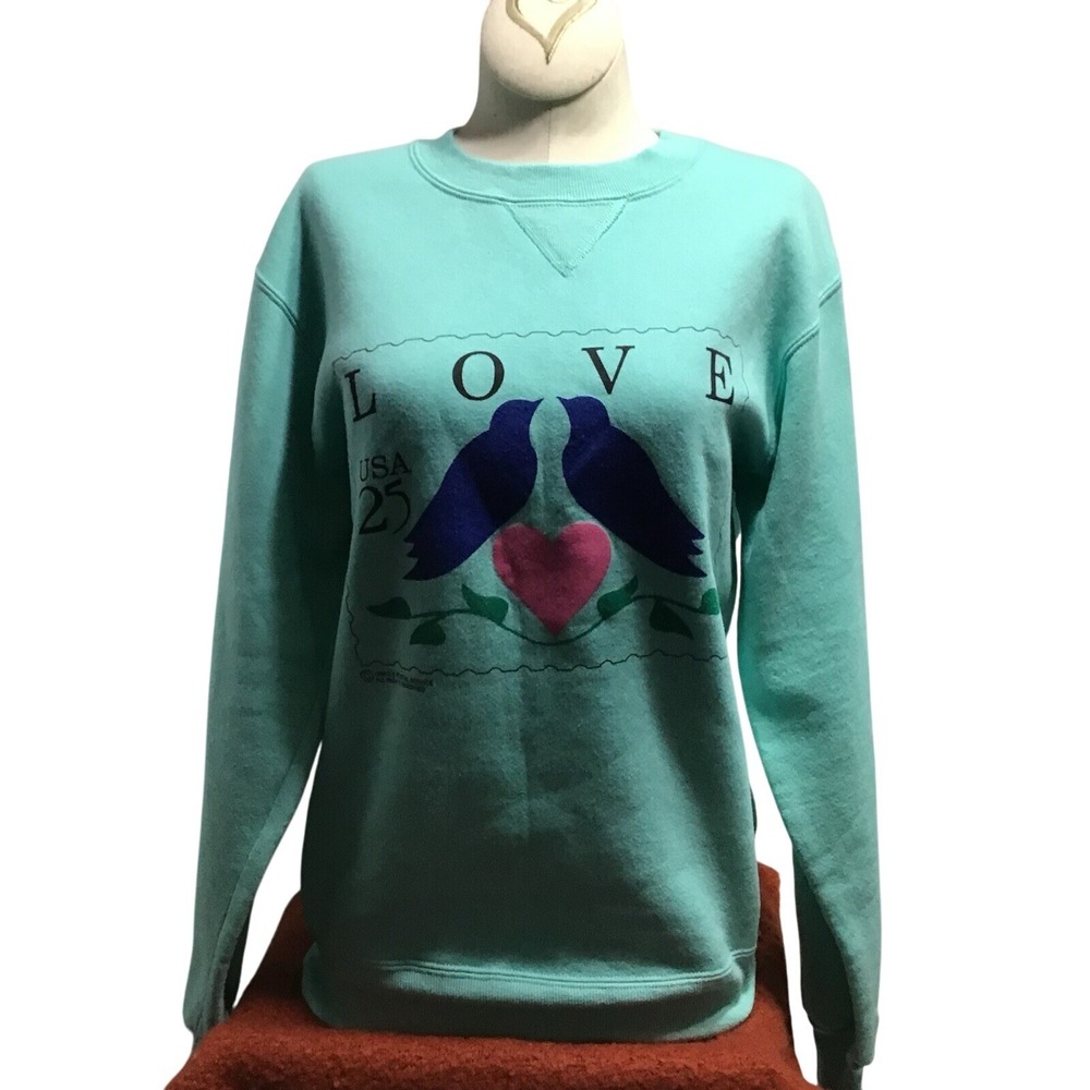 Vintage Russell Athletic 1988 USPS Love Birds Stamp Sweatshirt Aqua Small USA